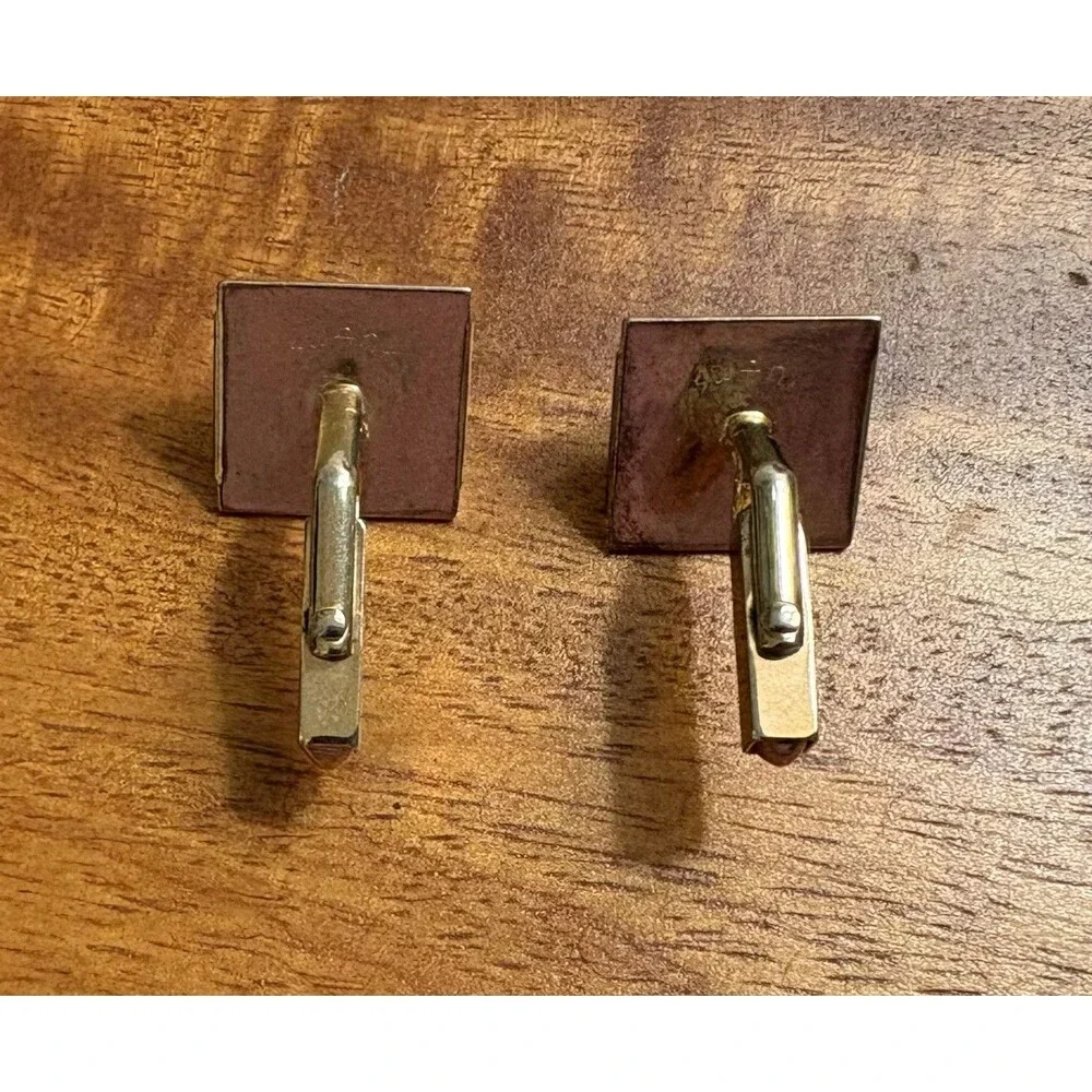 Vintage Swank Gold Tone Pale Green Glass Cabochon Square Cufflinks Mid Century